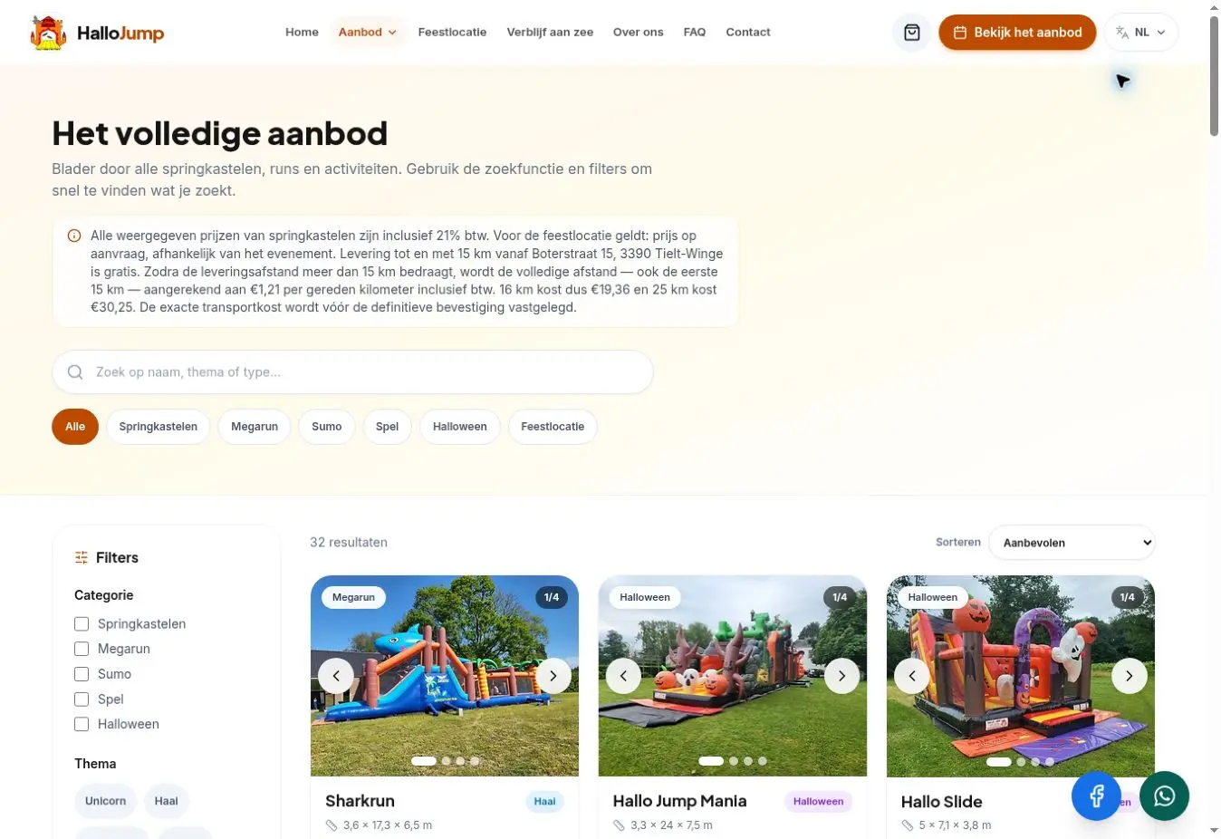 Catalogus met zoekfunctie en filters op de live Hallo Jump-website