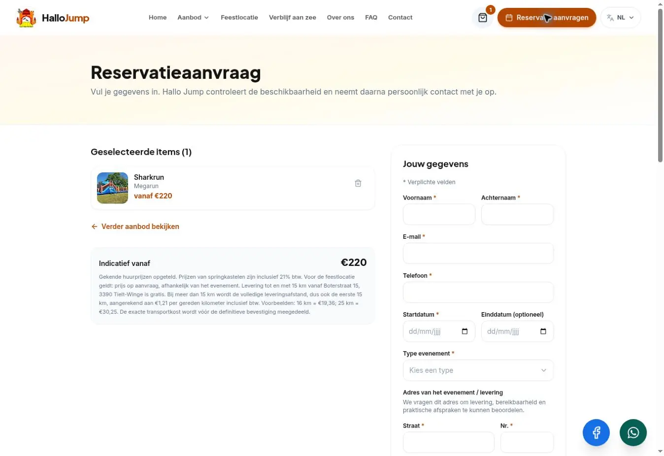 Reservatieaanvraag met geselecteerde Sharkrun op de live Hallo Jump-website